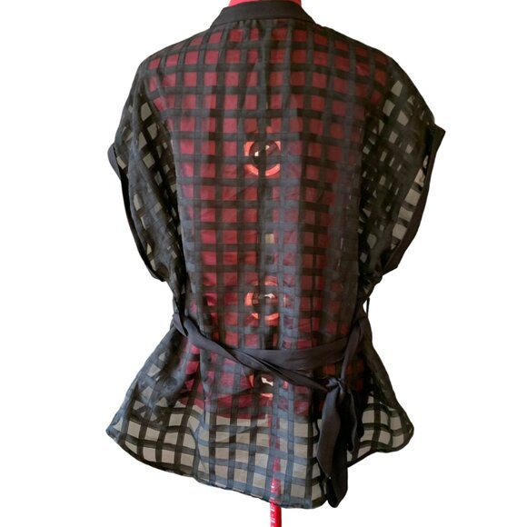 SHEIN Privé - Black Sheer Dolman Sleeve Belted Shirt Stand Collar Blouse - Large - Picture 6 of 9